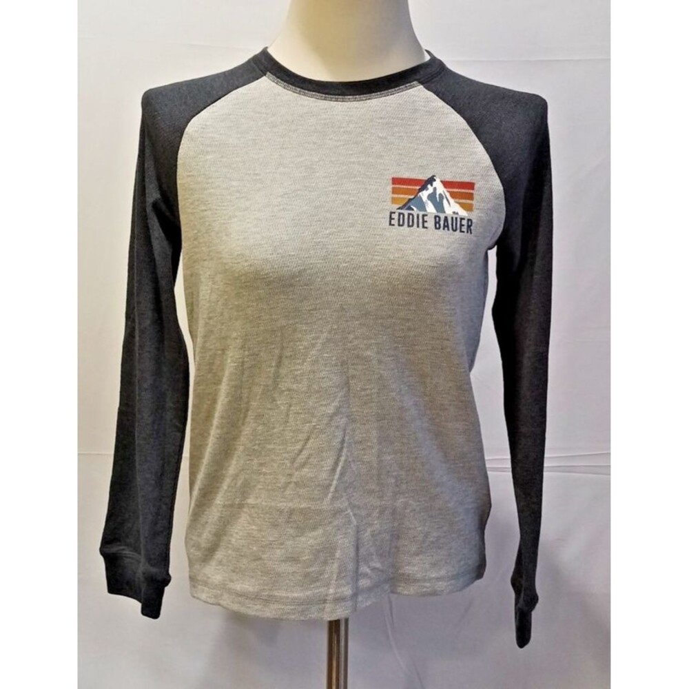 Eddie Bauer Kids Long Sleeve Waffle Knit Gray Shirt Vinyl Graphic Size 12/14